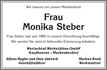 Traueranzeige von Monika Steber von Allgäuer Zeitung, Marktoberdorf