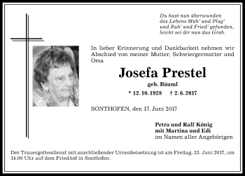 Traueranzeige von Josefa Prestel von Allgäuer Anzeigeblatt