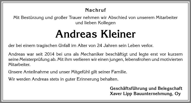  Traueranzeige für Andreas Kleiner vom 09.06.2017 aus Allgäuer Zeitung