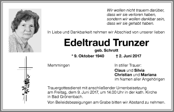 Traueranzeige von Edeltraud Trunzer von Memminger Zeitung
