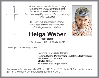 Traueranzeige von Helga Weber von Memminger Zeitung