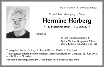 Traueranzeige von Hermine Hörberg von Allgäuer Zeitung,Kempten