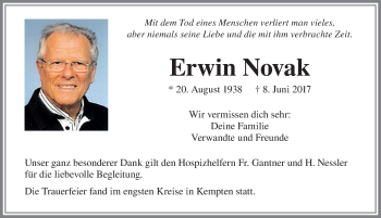 Traueranzeige von Erwin Novak von Allgäuer Zeitung,Kempten