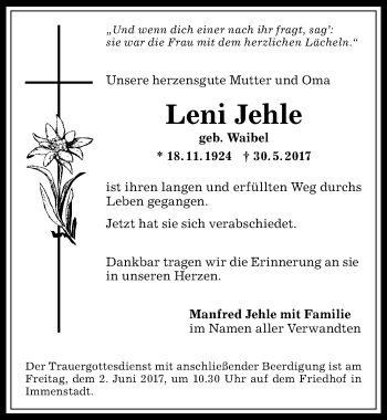 Traueranzeige von Leni Jehle von Allgäuer Anzeigeblatt