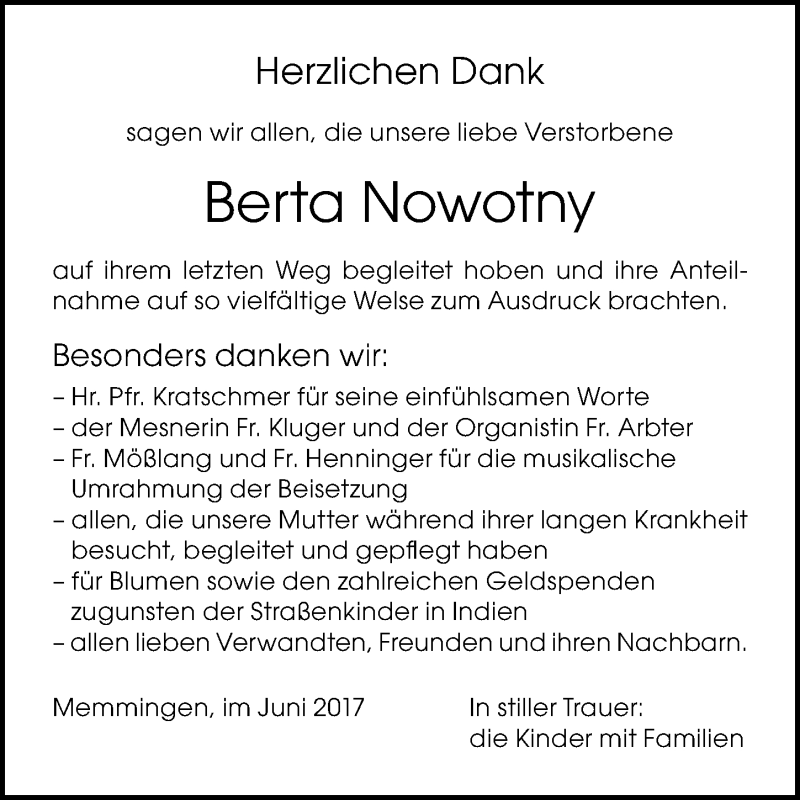  Traueranzeige für Berta Nowotny vom 10.06.2017 aus Memminger Zeitung