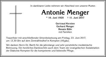 Traueranzeige von Antonie Menger von Allgäuer Zeitung,Kempten
