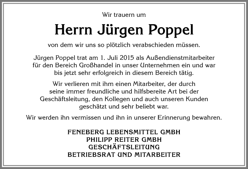  Traueranzeige für Jürgen Poppel vom 06.06.2017 aus Allgäuer Zeitung,Kempten