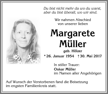 Traueranzeige von Margarete Müller von Allgäuer Zeitung,Kempten
