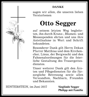 Traueranzeige von Otto Segger von Allgäuer Anzeigeblatt
