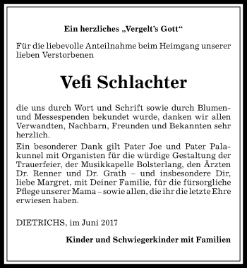 Traueranzeige von Vefi Schlachter von Allgäuer Anzeigeblatt