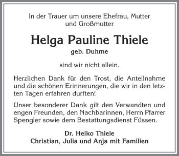 Traueranzeige von Helga Pauline Thiele von Allgäuer Zeitung, Füssen