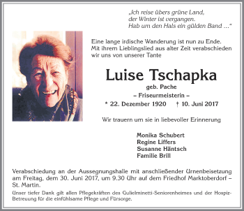 Traueranzeige von Luise Tschapka von Allgäuer Zeitung, Marktoberdorf