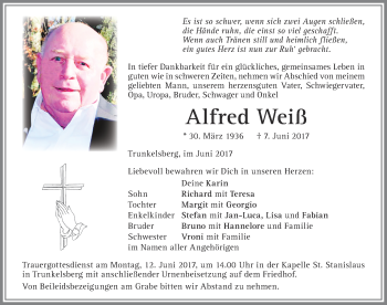 Traueranzeige von Alfred Weiß von Memminger Zeitung