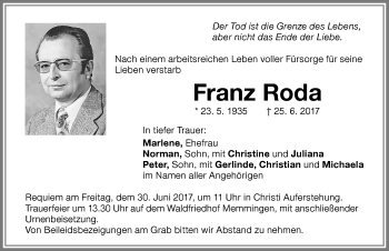 Traueranzeige von Franz Roda von Memminger Zeitung