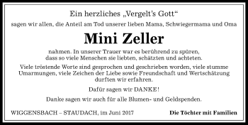 Traueranzeige von Mini Zeller von Allgäuer Zeitung