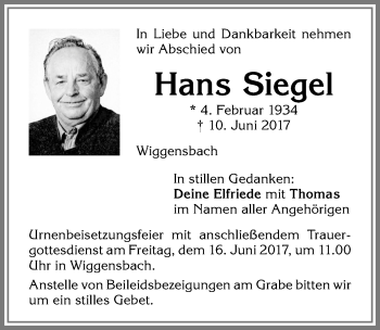 Traueranzeige von Hans Siegel von Allgäuer Zeitung,Kempten