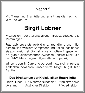 Traueranzeige von Birgit Lobner von Memminger Zeitung