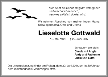 Traueranzeige von Lieselotte Gottwald von Memminger Zeitung