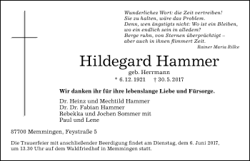 Traueranzeige von Hildegard Hammer von Memminger Zeitung