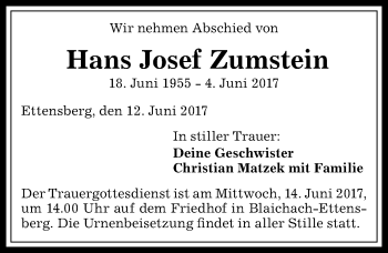 Traueranzeige von Hans Josef Zumstein von Allgäuer Anzeigeblatt