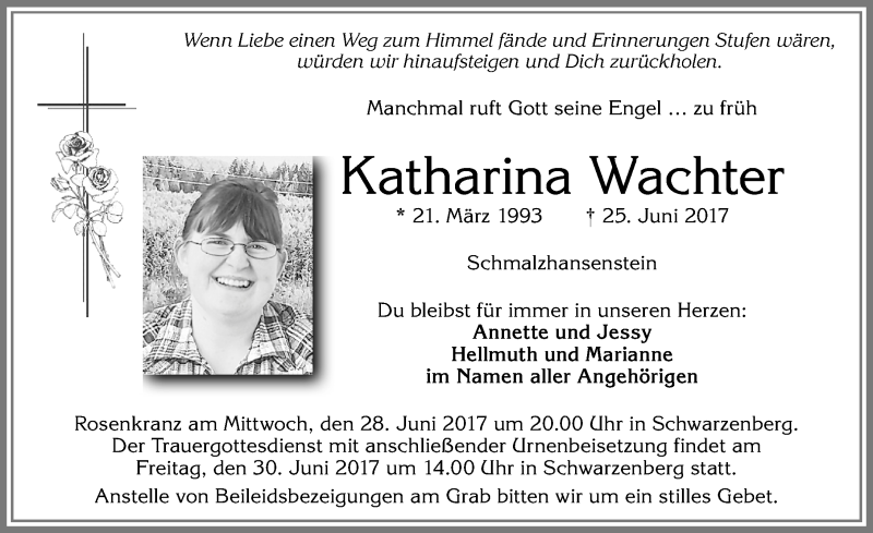  Traueranzeige für Katharina Wachter vom 27.06.2017 aus Allgäuer Zeitung