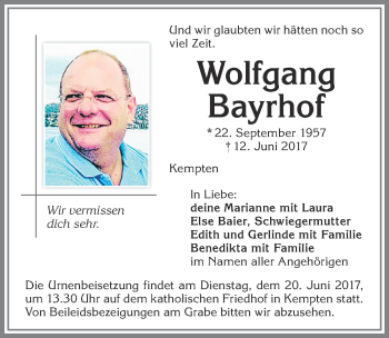 Traueranzeige von Wolfgang Bayrhof von Allgäuer Zeitung,Kempten