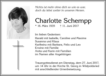 Traueranzeige von Charlotte Schempp von Allgäuer Zeitung,Kempten