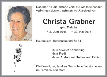 Traueranzeige von Christa Grabner von Allgäuer Zeitung, Kaufbeuren/Buchloe