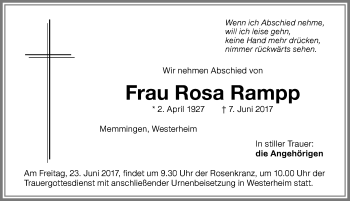 Traueranzeige von Rosa Rampp von Memminger Zeitung