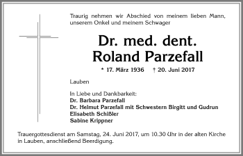 Traueranzeige von Roland Parzefall von Allgäuer Zeitung,Kempten