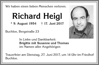 Traueranzeige von Richard Heigl von Allgäuer Zeitung, Kaufbeuren/Buchloe
