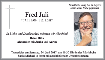 Traueranzeige von Fred Juli von Allgäuer Zeitung, Füssen