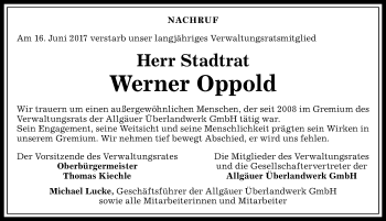 Traueranzeige von Werner Oppold von Allgäuer Zeitung