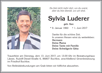 Traueranzeige von Sylvia Luderer von Allgäuer Zeitung, Kaufbeuren/Buchloe