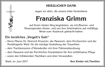 Traueranzeige von Franziska Grimm von Allgäuer Zeitung, Marktoberdorf