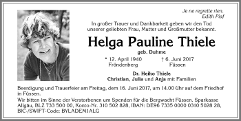 Traueranzeige von Helga Pauline Thiele von Allgäuer Zeitung, Füssen