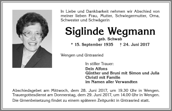 Traueranzeige von Siglinde Wegmann von Allgäuer Zeitung,Kempten