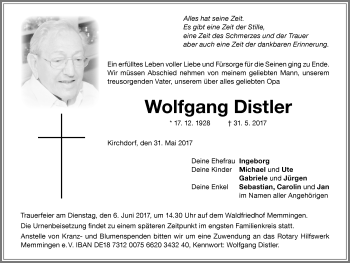Traueranzeige von Wolfgang Distler von Memminger Zeitung