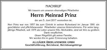Traueranzeige von Meinrad Prinz von Allgäuer Zeitung,Kempten