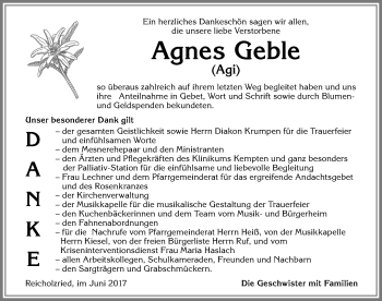 Traueranzeige von Agnes Geble von Allgäuer Zeitung,Kempten