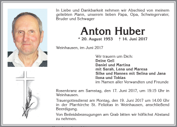 Traueranzeige von Anton Huber von Allgäuer Zeitung, Kaufbeuren/Buchloe