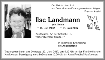 Traueranzeige von llse Landmann von Allgäuer Zeitung, Kaufbeuren/Buchloe