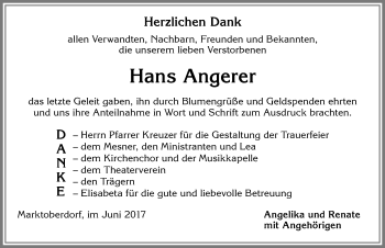 Traueranzeige von Hans Angerer von Allgäuer Zeitung, Kaufbeuren/Buchloe