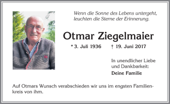 Traueranzeige von Otmar Ziegelmaier von Allgäuer Zeitung,Kempten