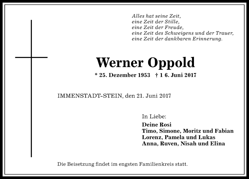  Traueranzeige für Werner Oppold vom 21.06.2017 aus Allgäuer Anzeigeblatt