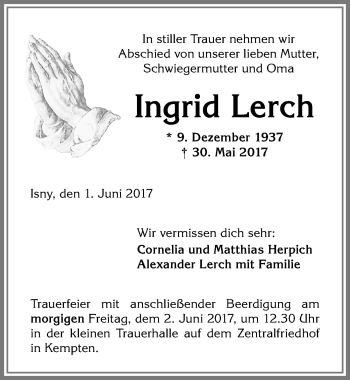 Traueranzeige von Ingrid Lerch von Allgäuer Zeitung,Kempten