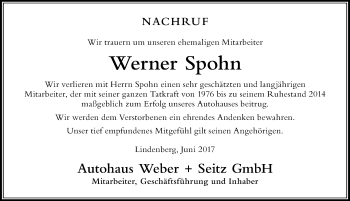 Traueranzeige von Werner Spohn von Der Westallgäuer