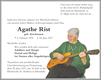 Traueranzeige von Agathe Rist von Allgäuer Zeitung