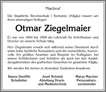 Traueranzeige von Otmar Ziegelmaier von Allgäuer Zeitung,Kempten