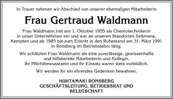Traueranzeige von Gertraud Waldmann von Allgäuer Zeitung